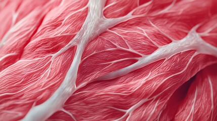 A close-up image showcasing intricate details of muscle tissue, highlighting the fine textures and structures in vibrant red and white colors.