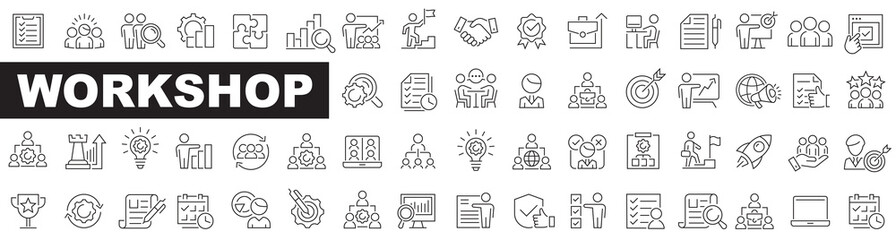 Workshop set of web icon set. Team building, collaboration, teamwork, coaching, problem-solving, education, coaching, meeting, managing, motivation and more
