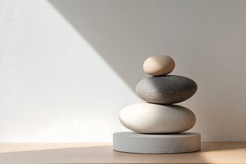 Balanced Stone Stack Against Wall with Soft Sunlight and Neutral Colors