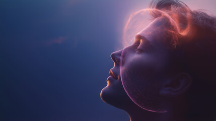 Abstract portrait of a woman with ethereal light effects captured in a serene setting during twilight hours