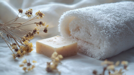 Gentle self-care scene: Soap, towel, and dried flowers creating a spa-like experience, naturally elegant.