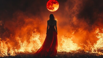 A dramatic silhouette of a woman in a flowing red dress stands against a backdrop of intense flames and a glowing blood moon, creating a powerful, mysterious, and fiery scene.. AI Generation