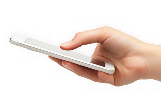 Hand Holding Smartphone with Touchscreen Display on Transparent Background