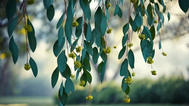 Eucalyptus leaves on a branch of a eucalyptus tree, showcasing a natural outdoor backdrop. Banner.