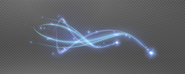 Vector png background with blue glowing lines. Blue glowing lines of speed. Light glow effect. Light trail wave, fire trail line and glow curve swirl.