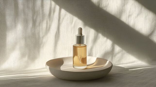 Serum Bottle with Dropper: A radiant elixir on a textured backdrop, bathed in soft light and shadows.