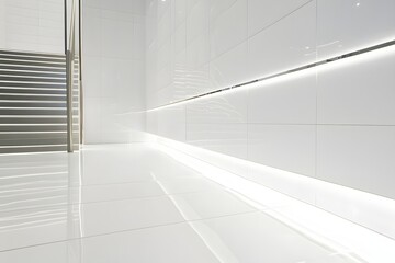 Bright Indoor Space with Stairs and Reflective Floor for Design