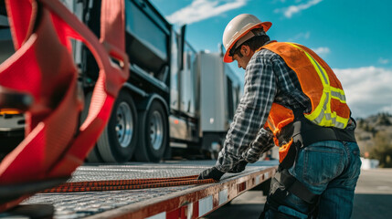 A driver focuses on securing straps on a flatbed trailer, ensuring cargo stability. The clear sky suggests a sunny day at a busy construction site. Safety gear is worn for protection.