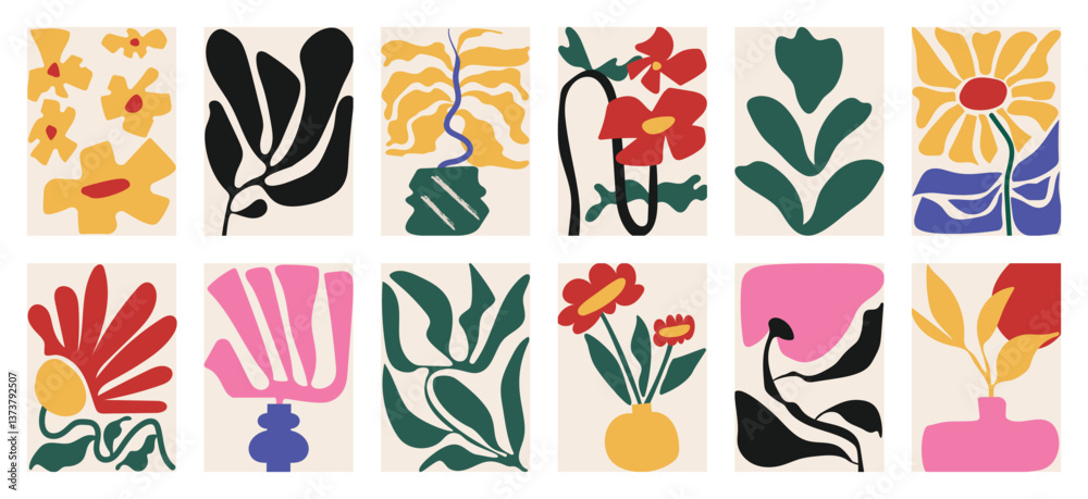 Poster botanical doodle background art vector set. flower and leaves abstract shape doodle art design for p