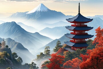 Naklejka premium Serene Japanese landscape with pagoda and Mount Fuji