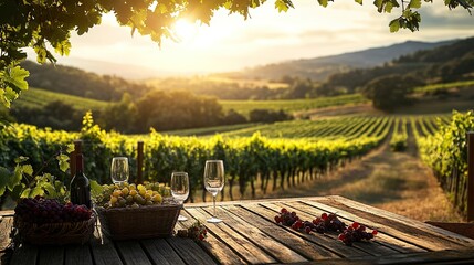 Picturesque vineyard scene featuring wine, grapes, and a rustic wooden table
