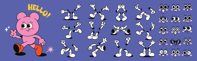 Set of 70s groovy comic faces vector. Collection of cartoon character faces, leg, hand in different emotions happy, angry, sad, cheerful. Cute retro groovy hippie illustration for decorative, sticker.