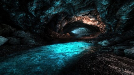 Serene underground cave featuring glowing blue water and rocky formations in a tranquil setting