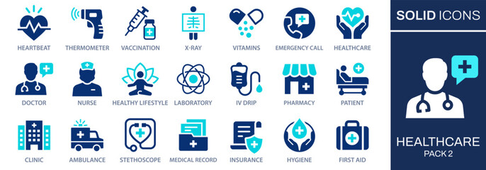 Healthcare icon set. Collection of nurse, IV drip, ambulance, doctor, and more. Vector illustration. Easily changes to any color.