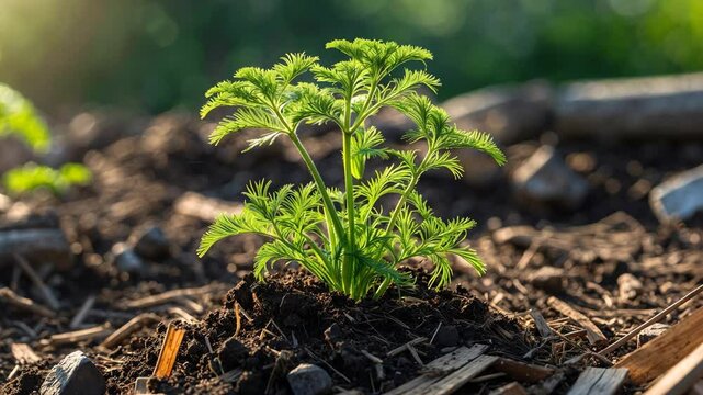 A young Chamomile plant thrives in soil covered with wood chippings in a garden.