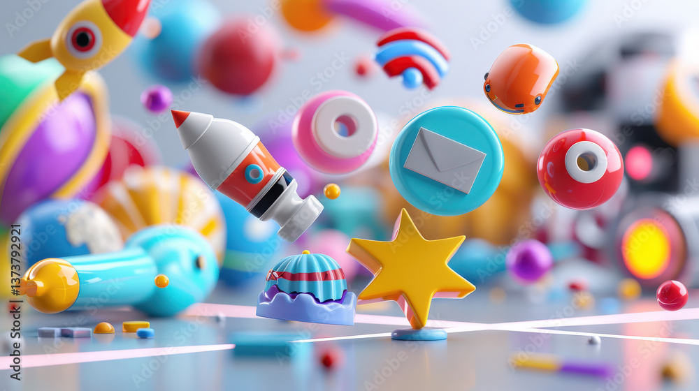 Aufkleber colorful 3d icons float in playful scene, featuring rocket, envelope, star, and various abstract sha