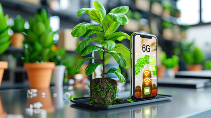 smartphone displaying 6G connectivity stands beside small plant, symbolizing integration of technology and nature. scene is set in modern, eco friendly environment