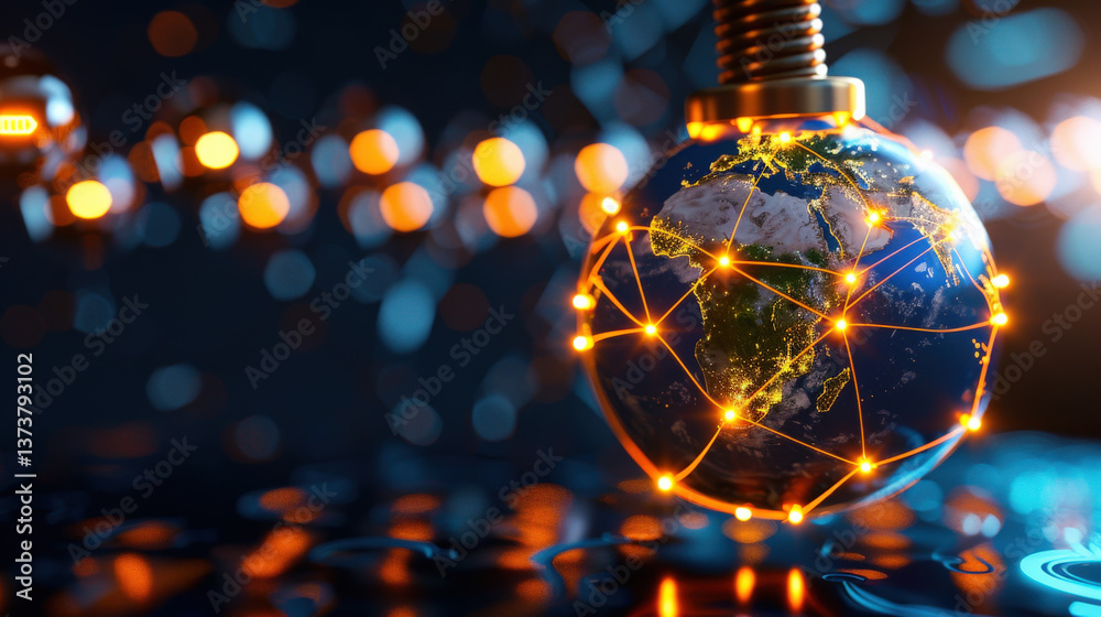 Poster glowing Earth is connected by network of bright lines, symbolizing global communication and connectivity. soft tones and vibrant lights create futuristic and dynamic atmosphere