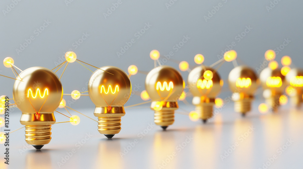 Poster Golden lightbulbs connected by glowing lines symbolize idea sharing and innovation. soft tone lighting creates futuristic and collaborative atmosphere