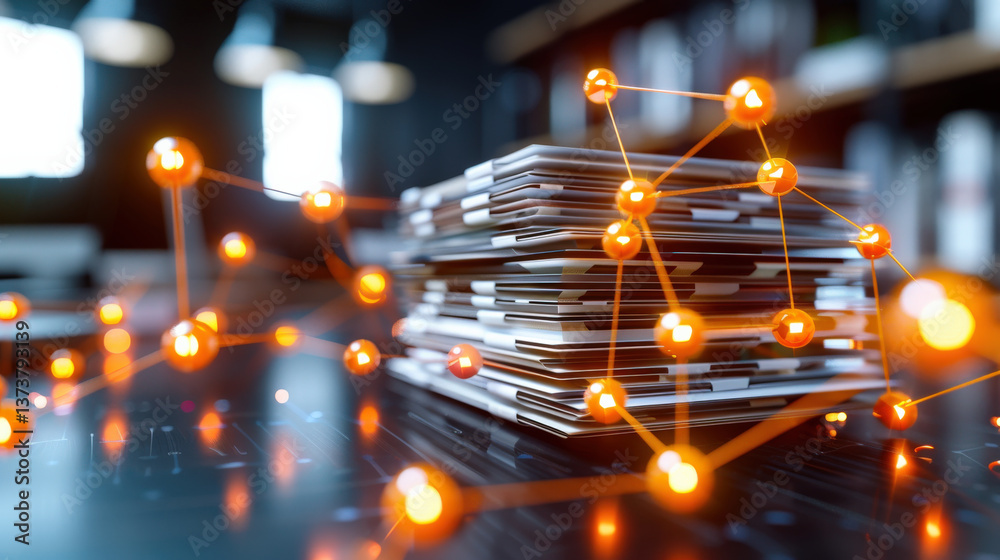 Aufkleber stack of documents is interconnected by glowing orange nodes, symbolizing network of information exchange. scene is set in modern office environment, creating futuristic and dynamic atmosphere