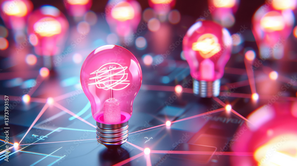 Poster Glowing pink lightbulbs with network connections symbolize idea sharing and innovation. soft tones and futuristic design create sense of creativity and collaboration