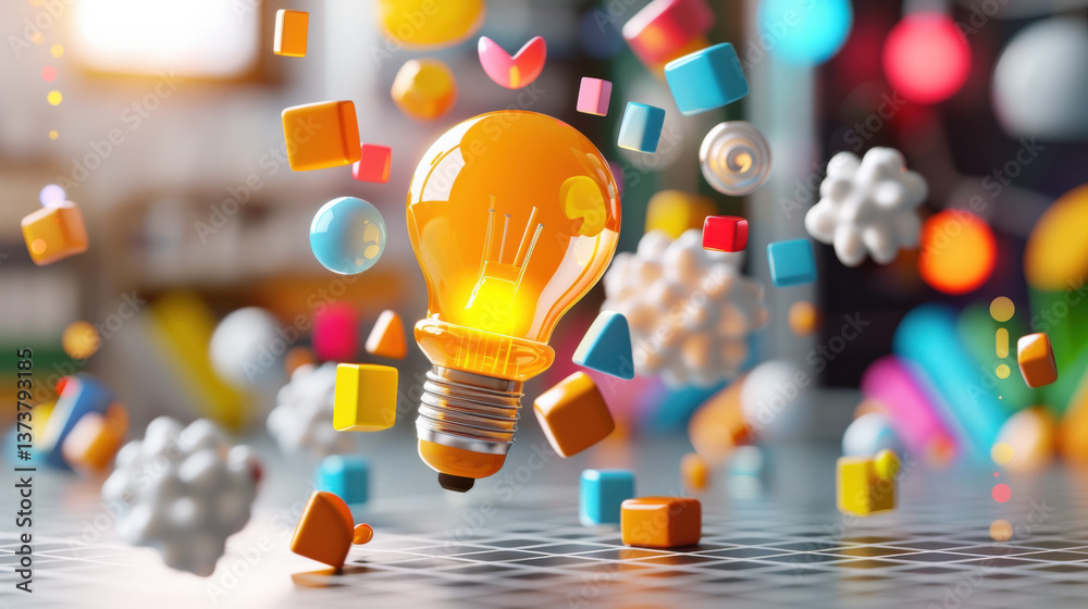 Leinwandbilder glowing light bulb surrounded by colorful geometric shapes and abstract forms symbolizes creativity and innovation. vibrant scene conveys sense of dynamic ideas and inspiration