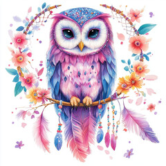 Elegant watercolor owl in bohemian style, decorated with dreamcatchers.