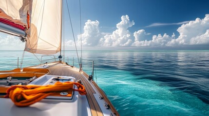 Fototapeta premium Sailboat is sailing in the ocean with a blue sky in the background. The sail is white and the boat is moving through the water