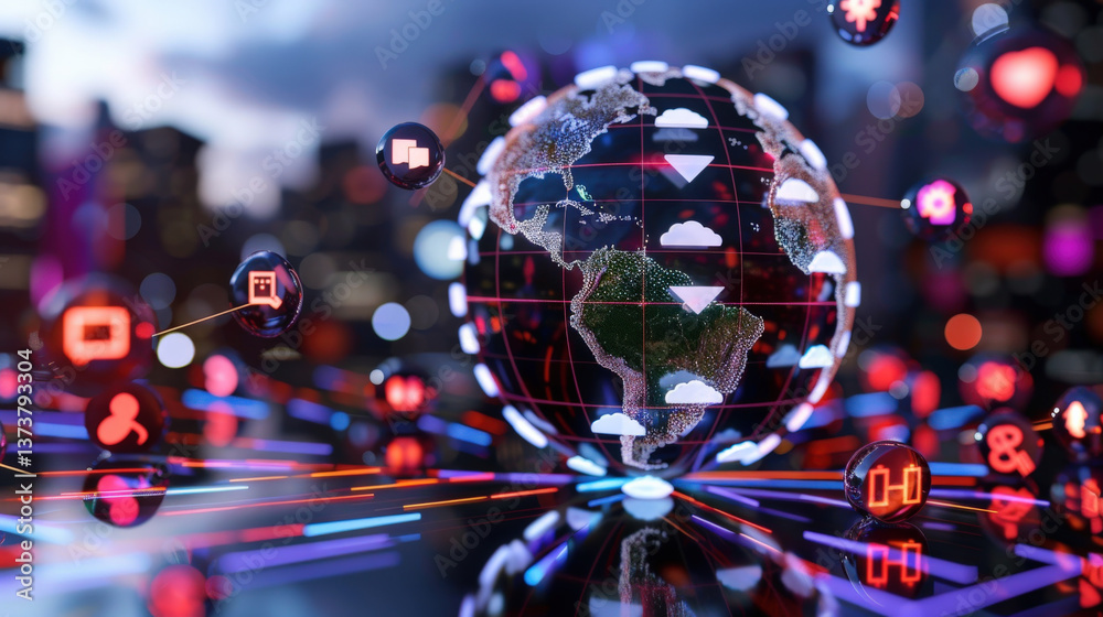 Poster digital globe with network of icons and symbols represents global communication and technology. vibrant colors and futuristic design convey innovation and connectivity