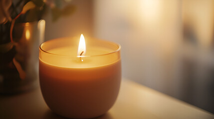 A warm candle illuminates a serene setting, casting soft light and creating a cozy atmosphere.