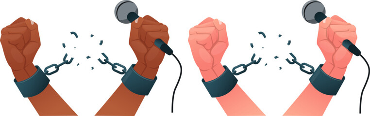 Hands with  microphone break chains of shackles