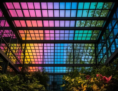 colorful stained glass roof over indoor garden