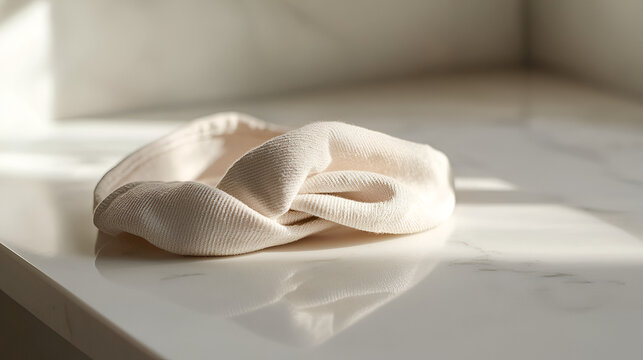 Beige fabric head band on white marble surface with sunlight; subtle, texture and calming; fashion.