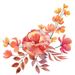 Colorful arrangement of red poppy flower and decorative leaves. Watercolor illustration isolated clipart.