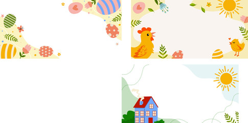 Colorful spring illustration featuring chickens, flowers, and a sun in a cheerful design