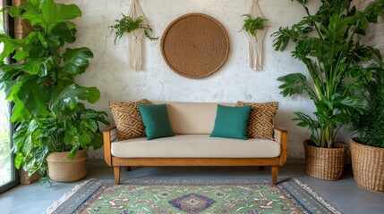 bohemian home decor, colorful rugs, eclectic furniture, greenery, and macram wall hangings create a bohemian-style interior with an artistic and free-spirited vibe