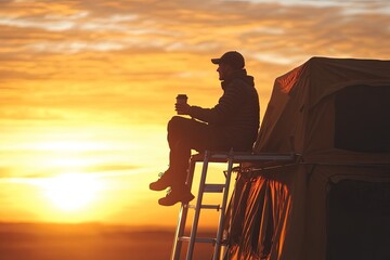 Obraz premium A camper enjoying the golden sunrise while drinking coffee on their rooftop tent ladder