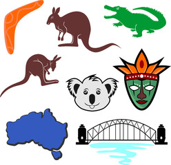 Icons of Australia Boomerang, Kangaroo, Crocodile, Koala and Sydney Bridge