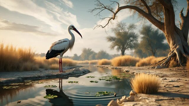 A stork is perched on the edge of a parched river. The concept of climate change and drought.