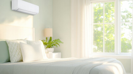 cozy bedroom with modern air conditioner on wall, soft white bedding, potted plant, and sunlight streaming through large window