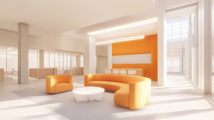 Fototapeta premium Modern office lounge with bright orange furniture, including curved sofa and armchair, complemented by white coffee table. space is illuminated by