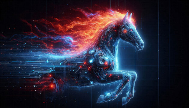 A futuristic AI-generated fire horse with glowing holographic mane, biomechanical textures, fiery elements, and floating digital symbols, illuminated by deep neon blue and red cyber lighting