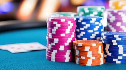 Colorful poker chips on a casino table signaling an exciting tournament atmosphere alongside playing cards for an engaging gaming experience.