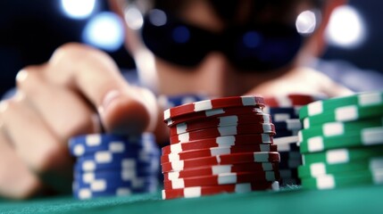 A focused poker player in a casino setting, carefully managing chips during an intense tournament atmosphere.