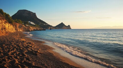 A rocky beach at sunset with gentle waves washing over the shore, surrounded by cliffs. This peaceful coastal landscape captures the beauty of nature and the calm of evening light, perfect for travel