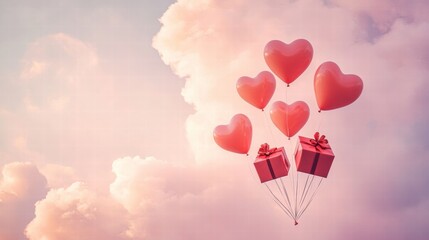 Fototapeta premium A Box flying on a parachute with pink cloud in valentine day,package flying down from sky and cloud with parachute, concept for delivery service,shopping online,air delivery service.