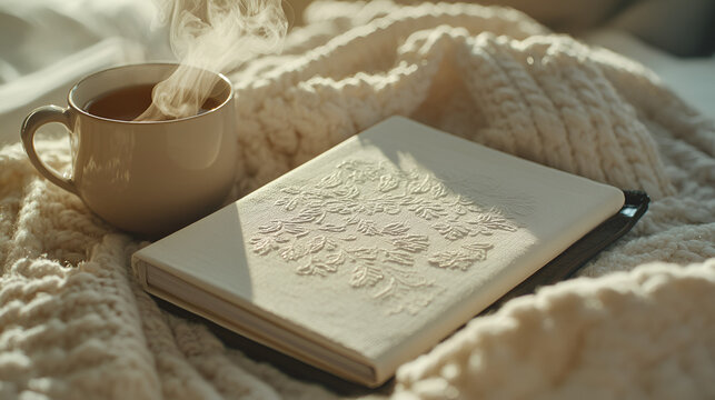 Cozy scene with a hot drink and a book, perfect for relaxation and a peaceful moment.