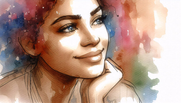 Heartfelt watercolor portrait of a person from a diverse ethnic background, capturing an emotional expression such as joy, calm, or thoughtfulness, with a focus on the eyes