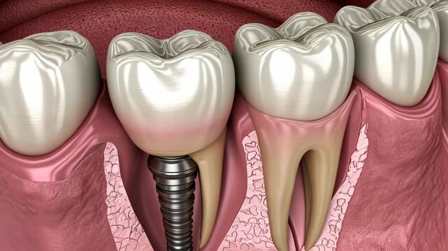 Tooth implant procedure showing dental implant integrated with natural teeth and gums in a close-up view