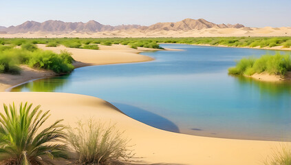A serene desert oasis scene ,features a small cluster of lush green palm trees and vegetation situated on a sandy island surrounded by calm, reflective water